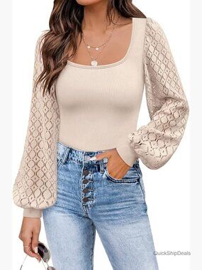 Womens Mesh Long Sleeve Blouse Square Neck Balloon Sleeve Stretch Fit Casual Top